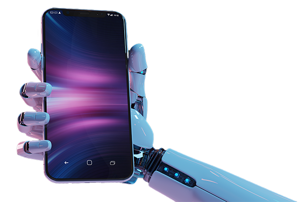 Robot hand holding a smartphone.